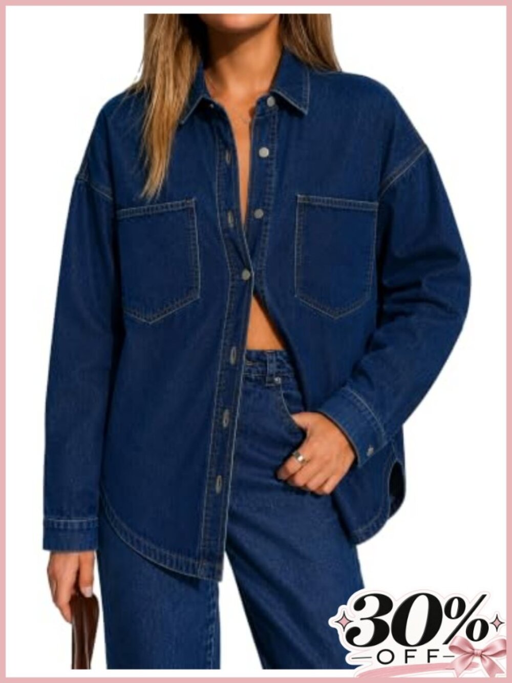 Oversized Denim Shacket Button Down Jacket Chest Pockets Relaxed Fit